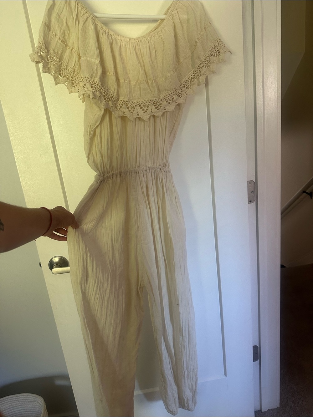 Boho Off-Shoulder Cream Jumpsuit with Lace Ruffle